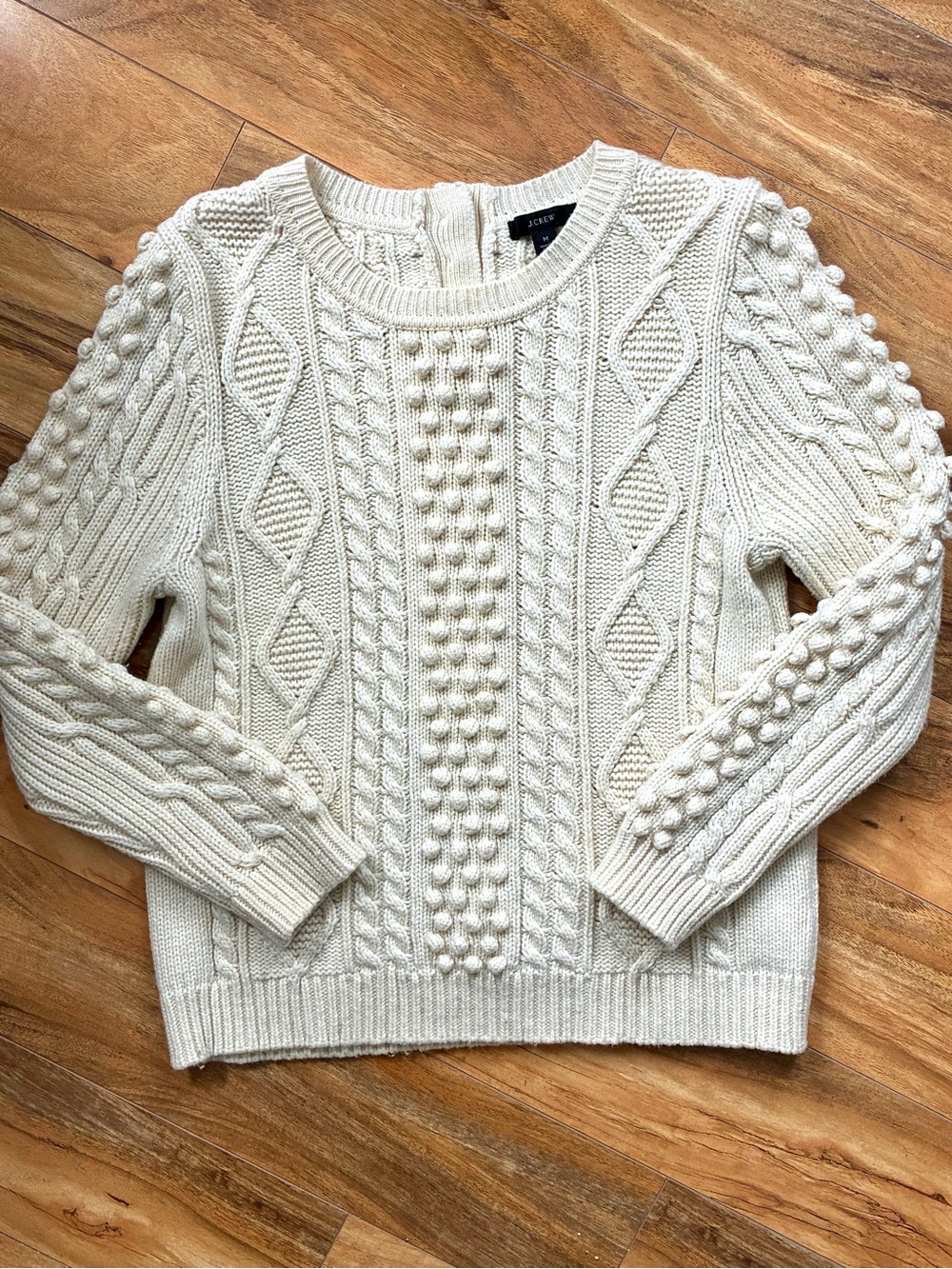 J Crew Button Back Cable Knit Fisherman’s Crewneck Sweater - Cream